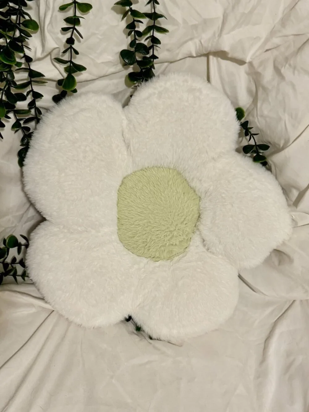 Plush Off-White & Sage Green Daisy Flower Accent Throw Pillow 15”